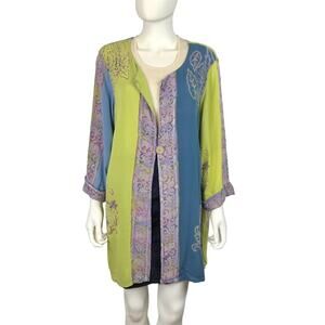 Soft Surroundings Floral Tunic Blouse Jacket Boho Blue Green & Purple